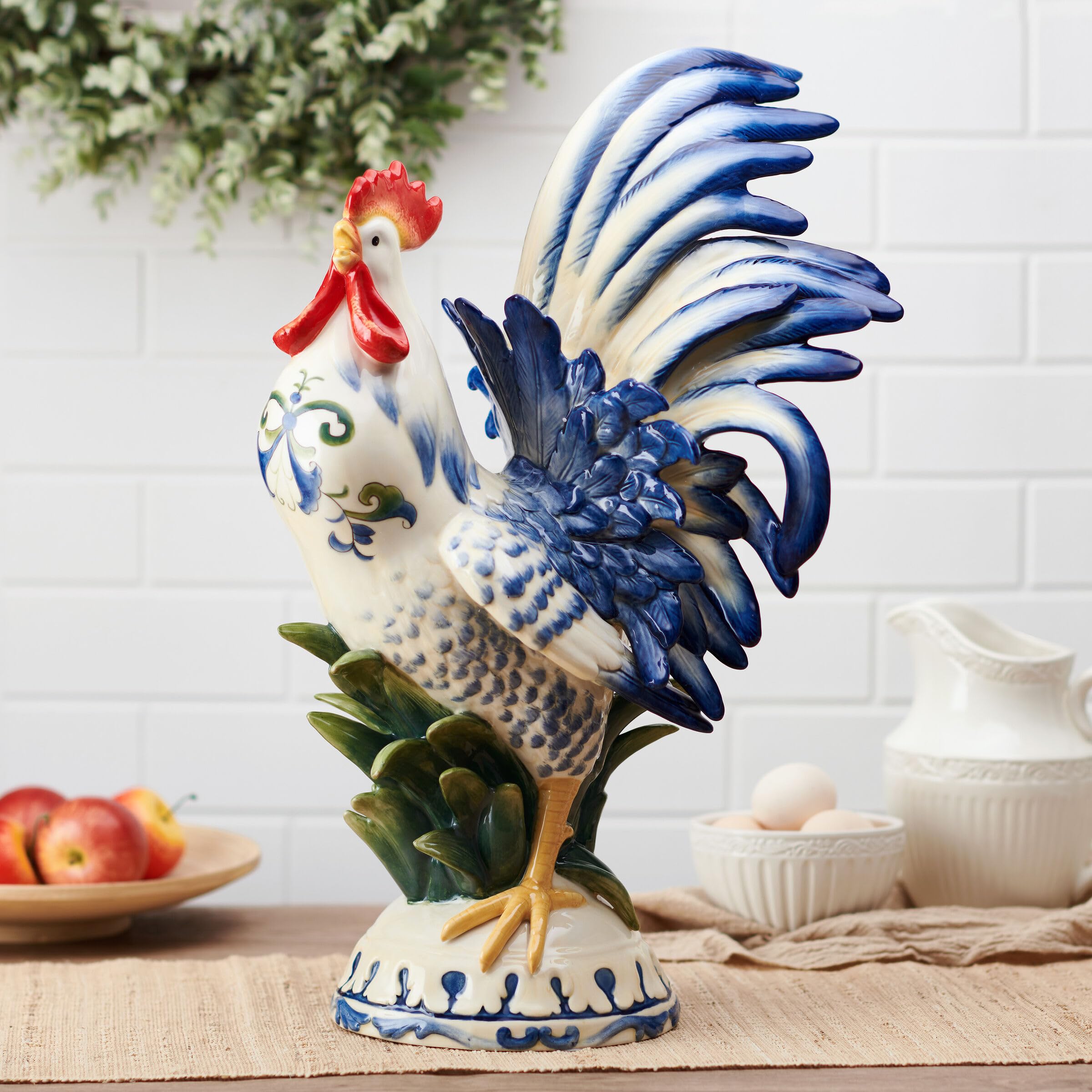 Fitz and Floyd Ceramic Rooster Figurine, Sicily Blue, 20-Inch